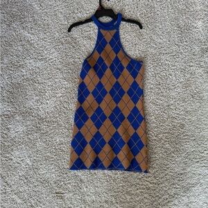 Blue and Brown Argyle Knit Dress